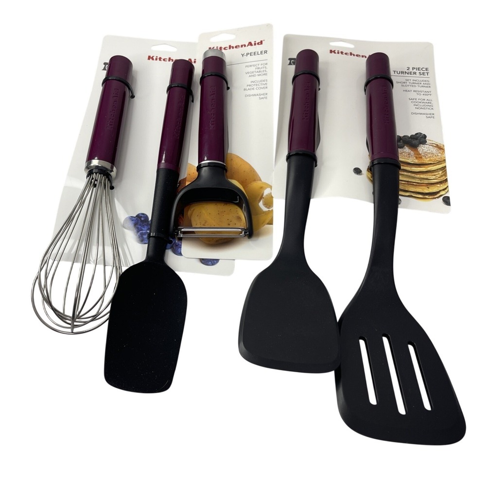 New KitchenAid Set of 5 Boysenberry Plum Turners, Y-Peeler‎ Spatula & Whisk VHTF